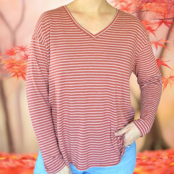 Faded Glory Rust Red White Striped Long Sleeved V Neck T Shirt Size XL - Picture 1 of 4